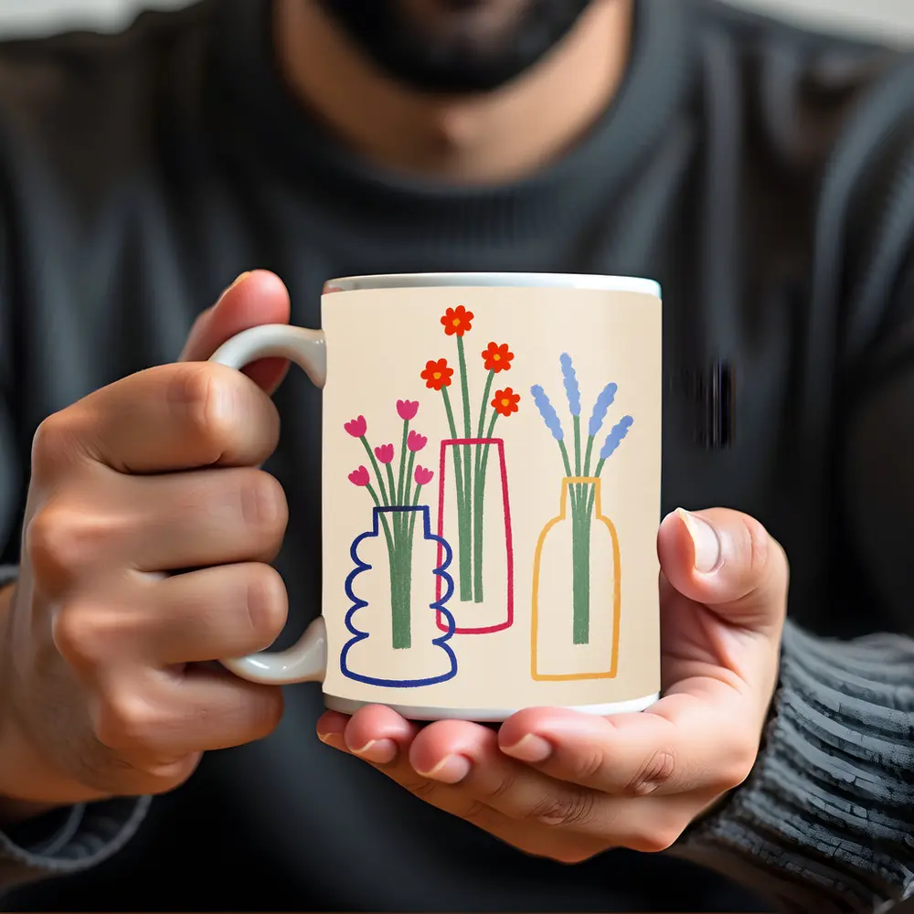 Three Colorful Vases With Flowers Illustration – Mugs