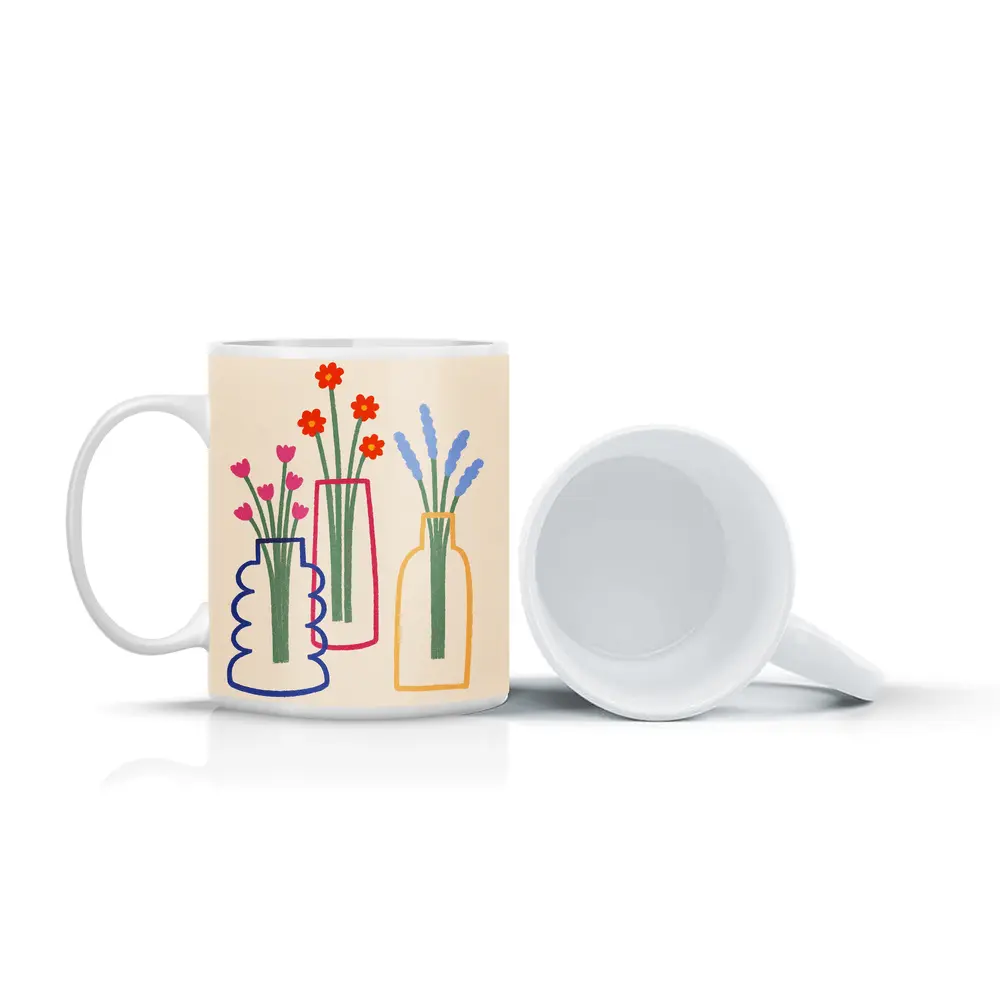Three Colorful Vases With Flowers Illustration – Mugs