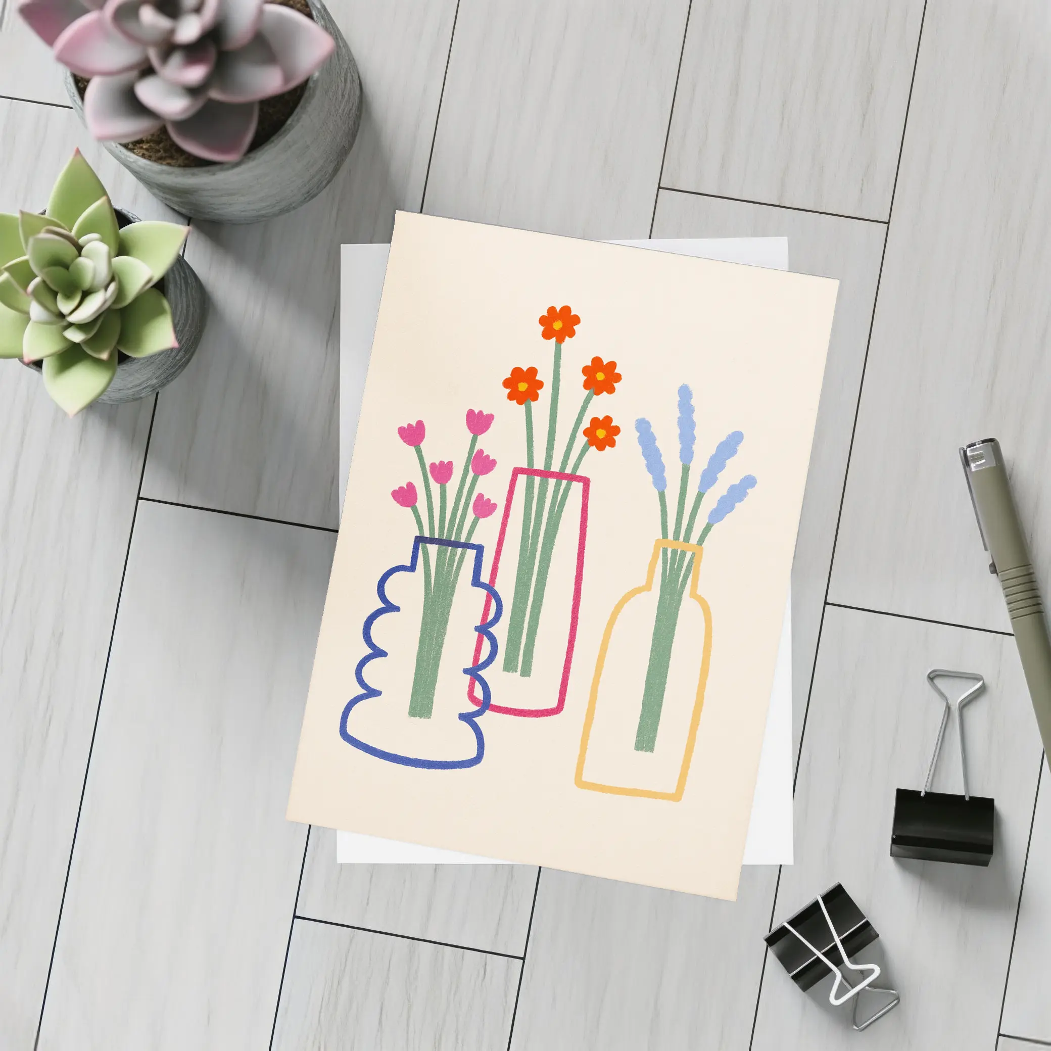 Three Colorful Vases With Flowers Illustration – Postcards