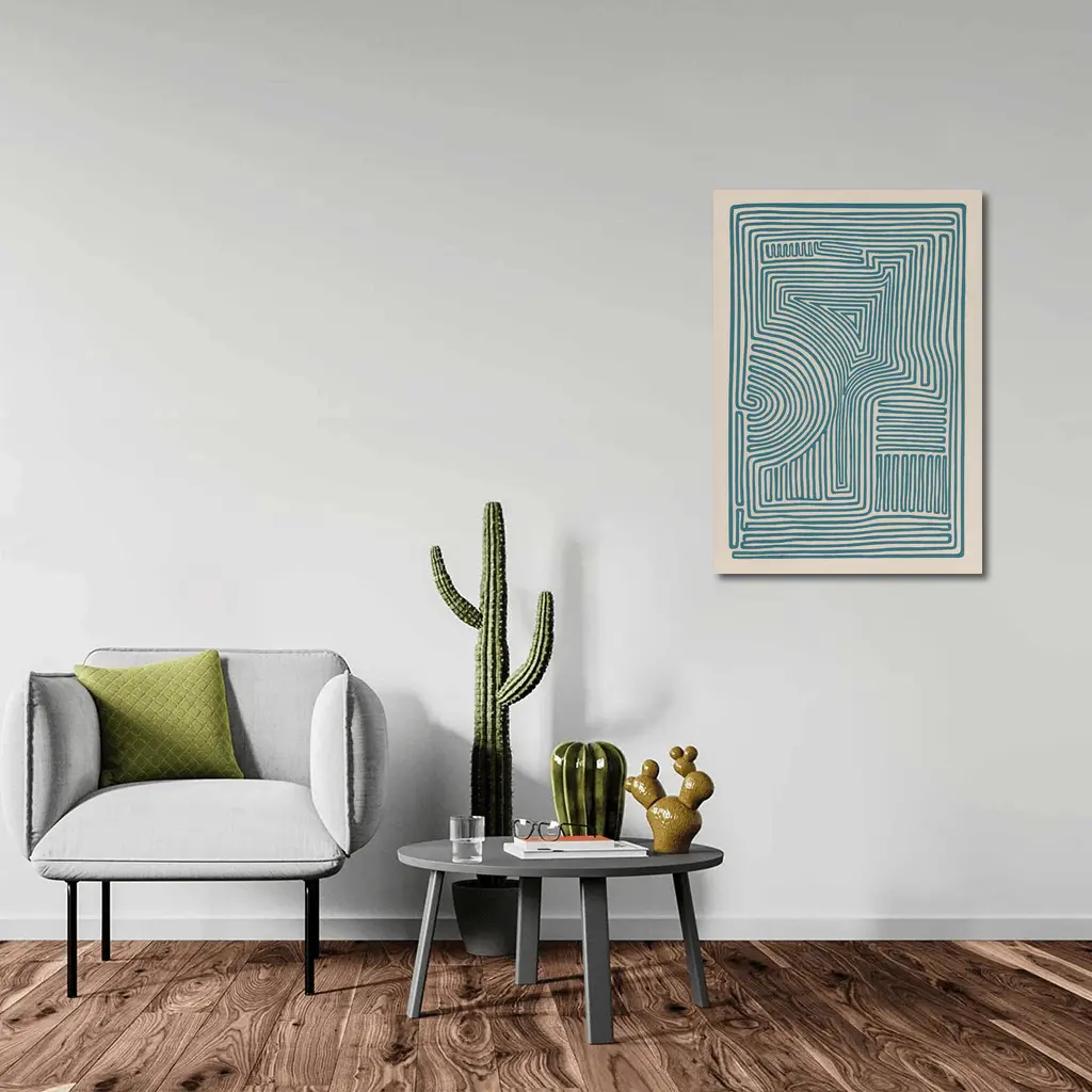 Teal Abstract Line Art Beige Background – Wall Art