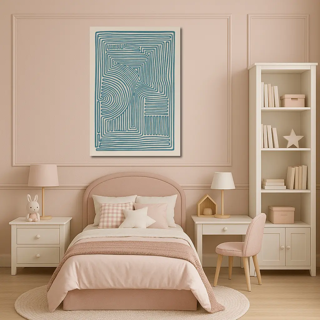 Teal Abstract Line Art Beige Background – Wall Art