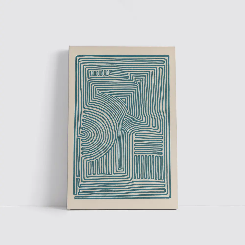 Teal Abstract Line Art Beige Background – Wall Art