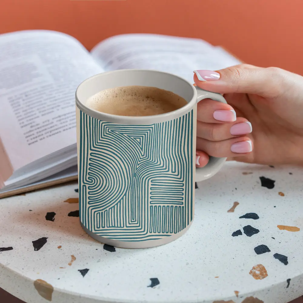 Teal Abstract Line Art Beige Background – Mugs