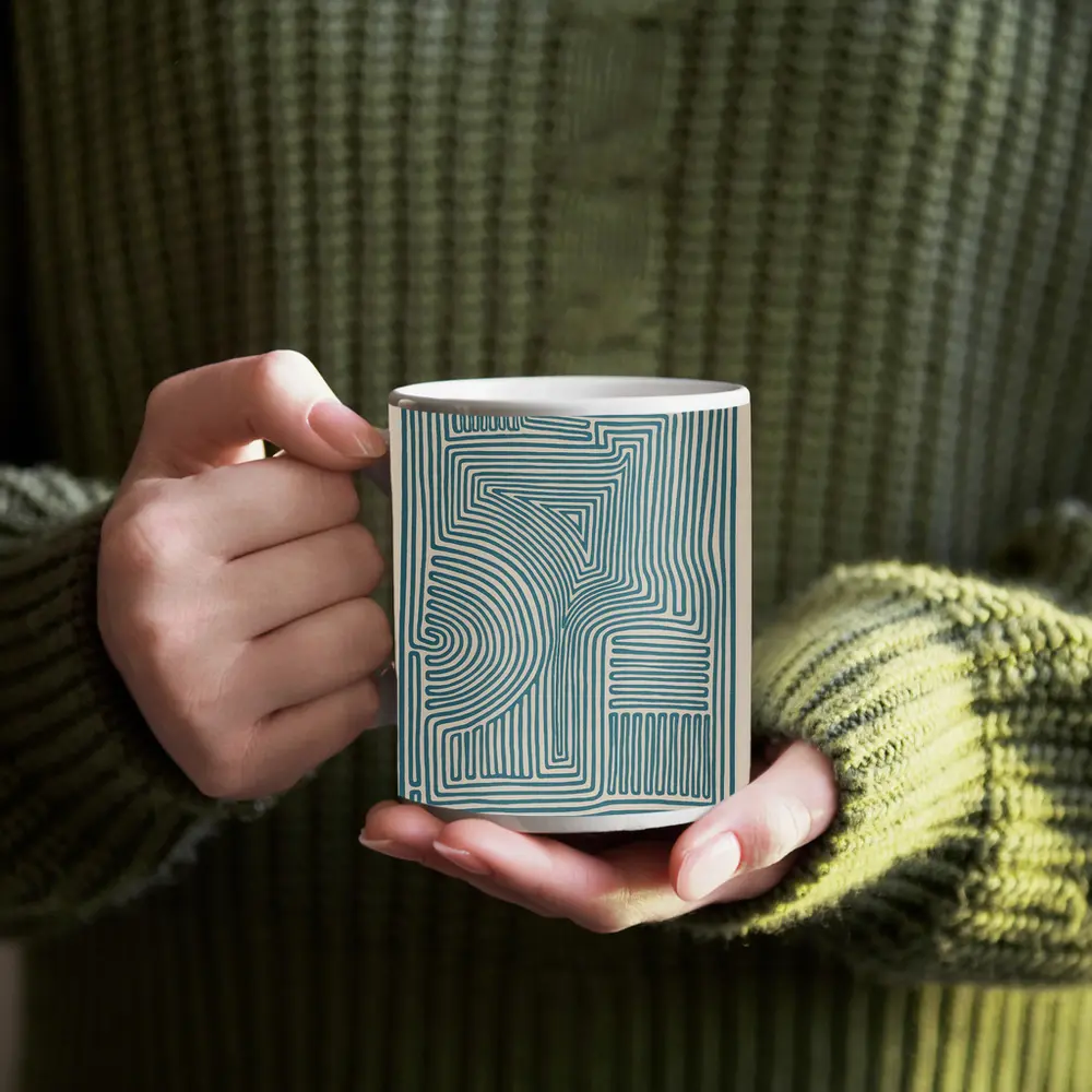 Teal Abstract Line Art Beige Background – Mugs