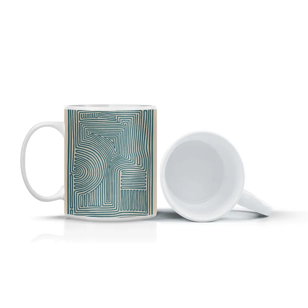 Teal Abstract Line Art Beige Background – Mugs