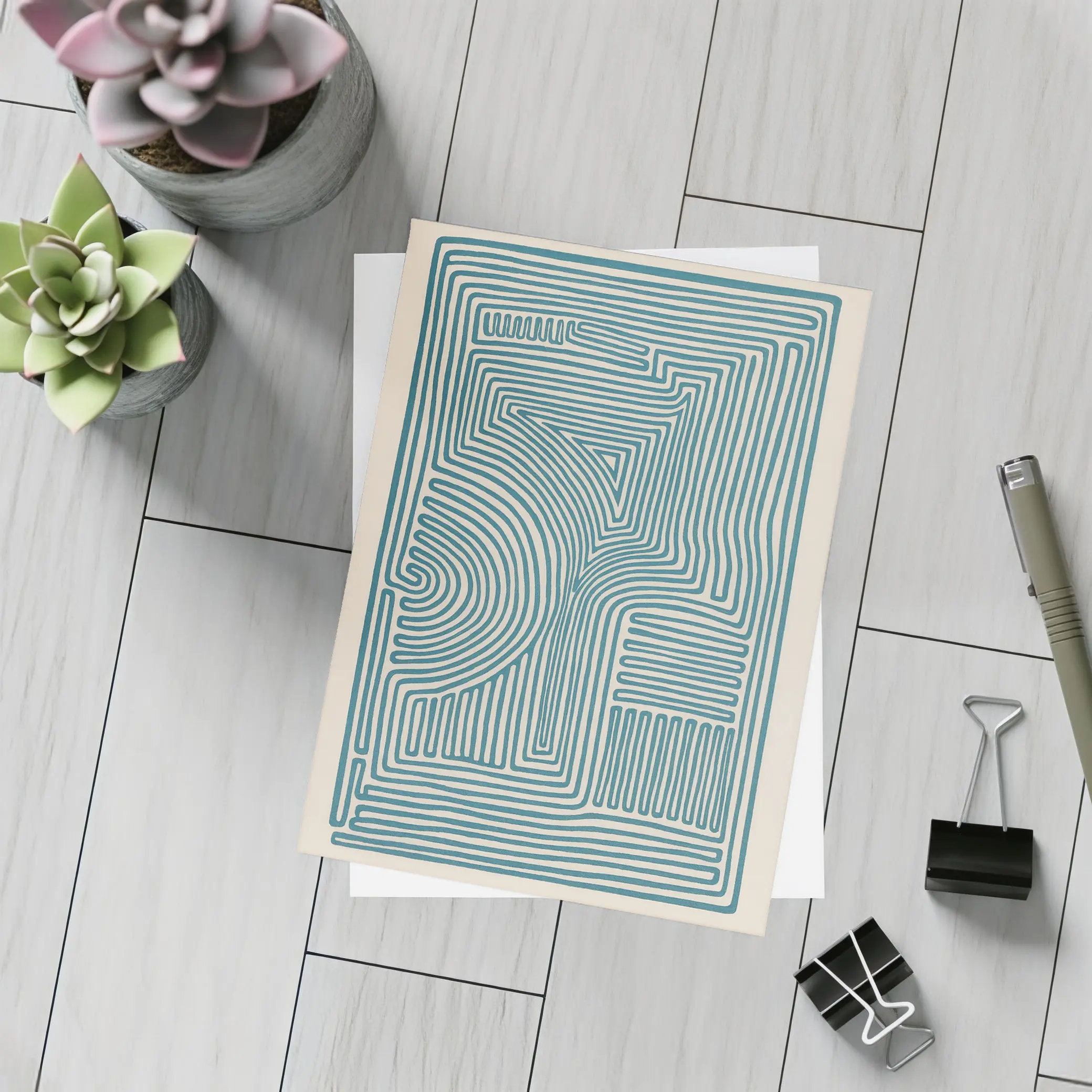 Teal Abstract Line Art Beige Background – Postcards
