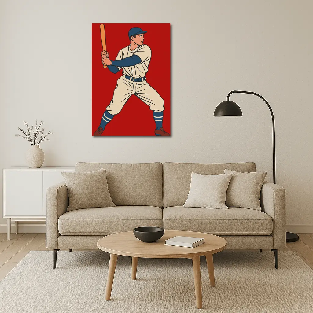Retro Baseball Batter Red Background Illustration – Wall Art