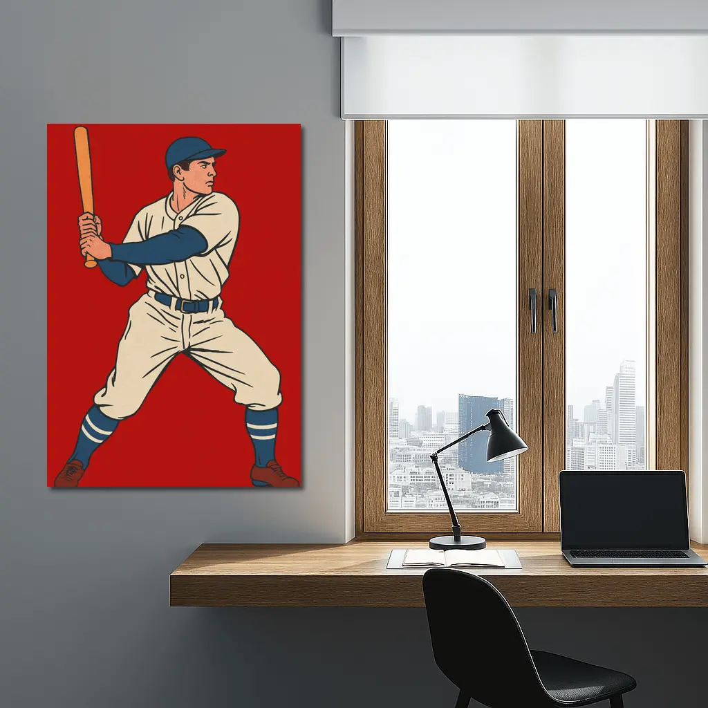 Retro Baseball Batter Red Background Illustration – Wall Art