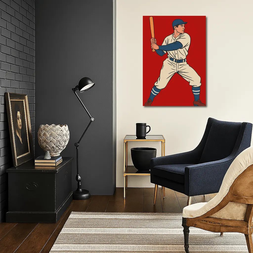 Retro Baseball Batter Red Background Illustration – Wall Art