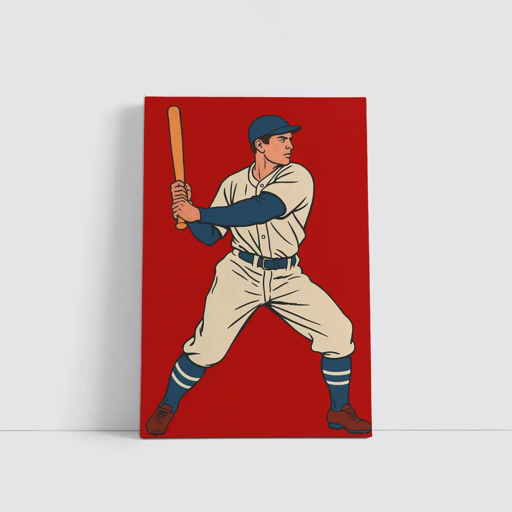 Retro Baseball Batter Red Background Illustration – Wall Art