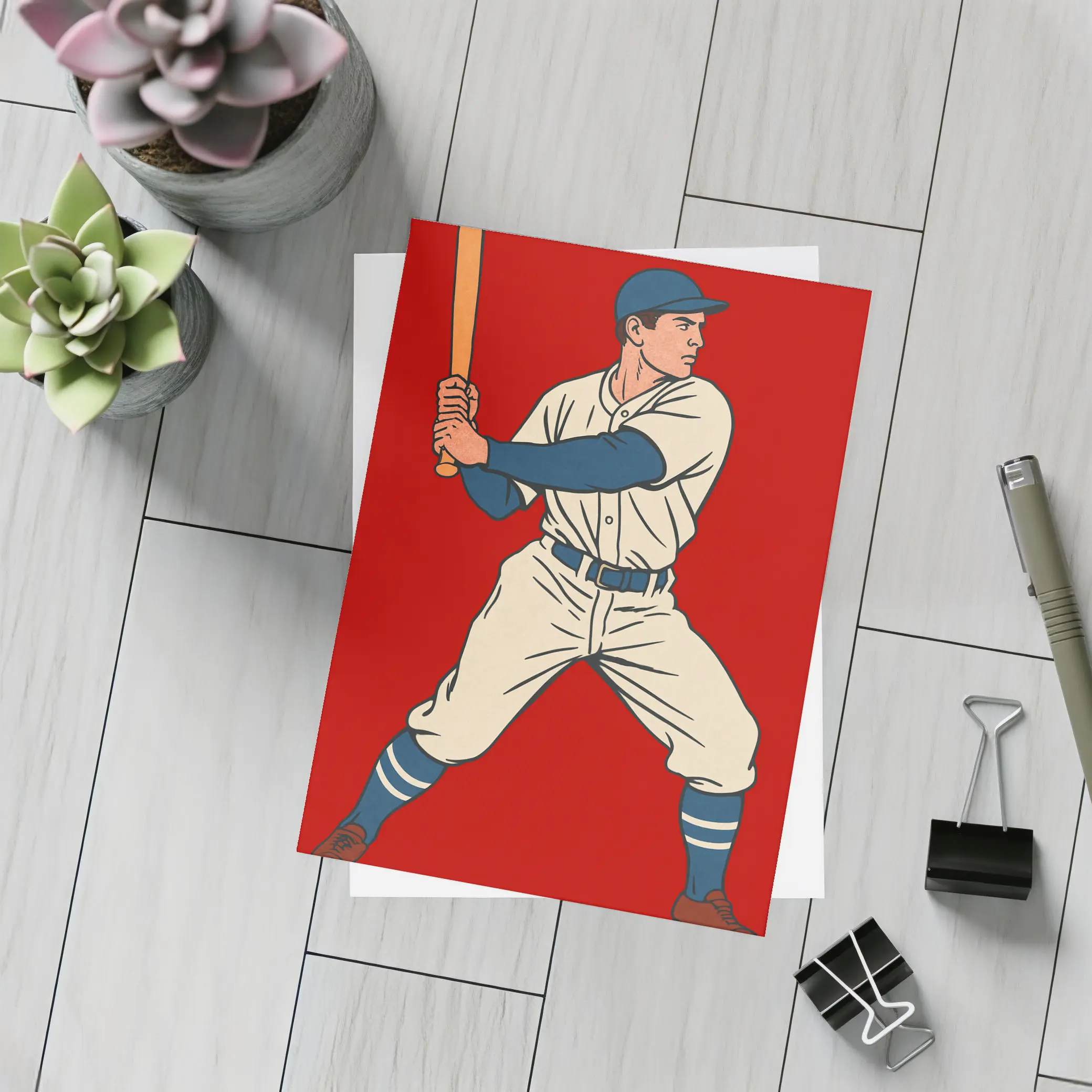 Retro Baseball Batter Red Background Illustration – Postcards
