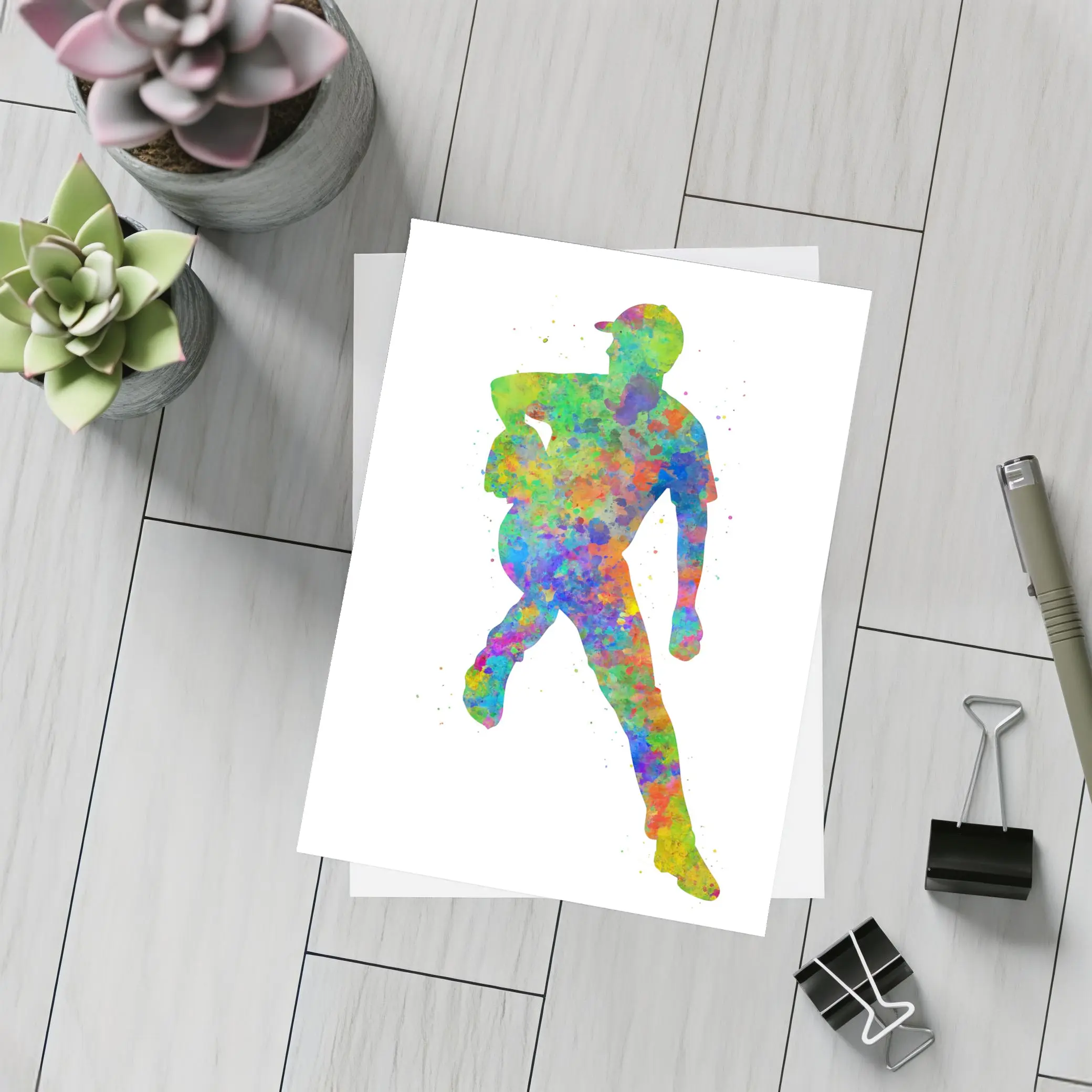 Baseball Pitcher Watercolor Splash Art White Background – Postcards