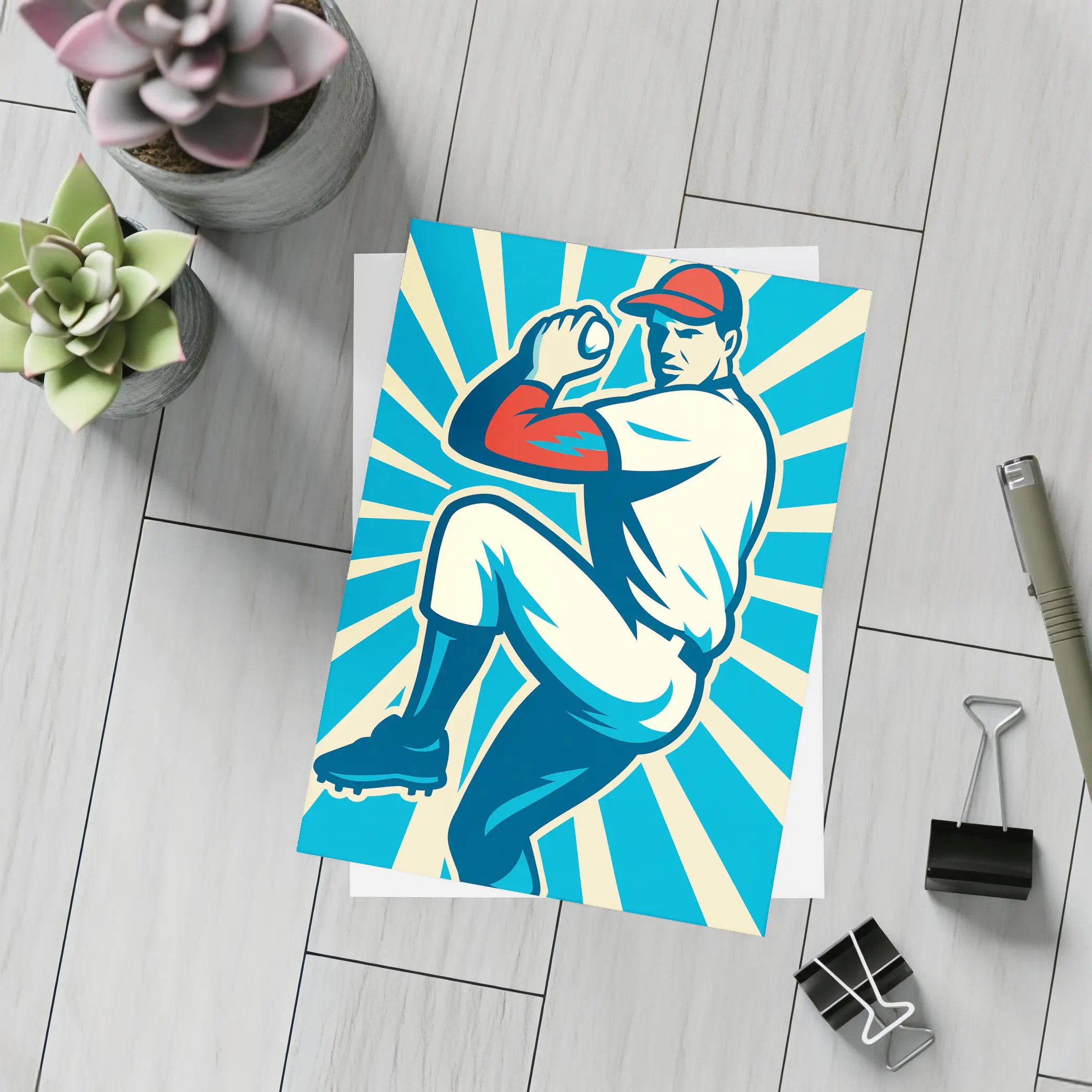 Baseball Pitcher Retro Pop Art Blue – Postcards