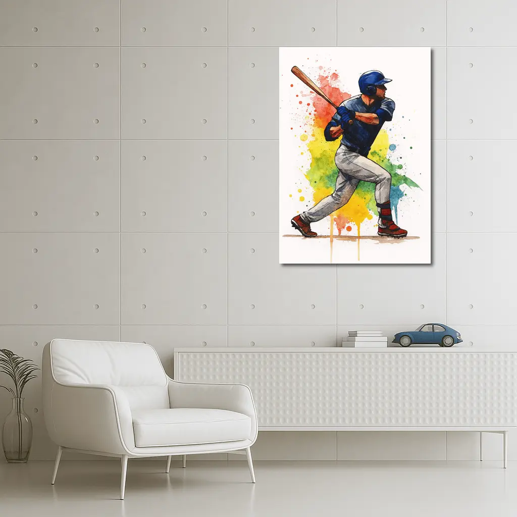 Baseball Player Swinging Bat Watercolor Splash – Wall Art