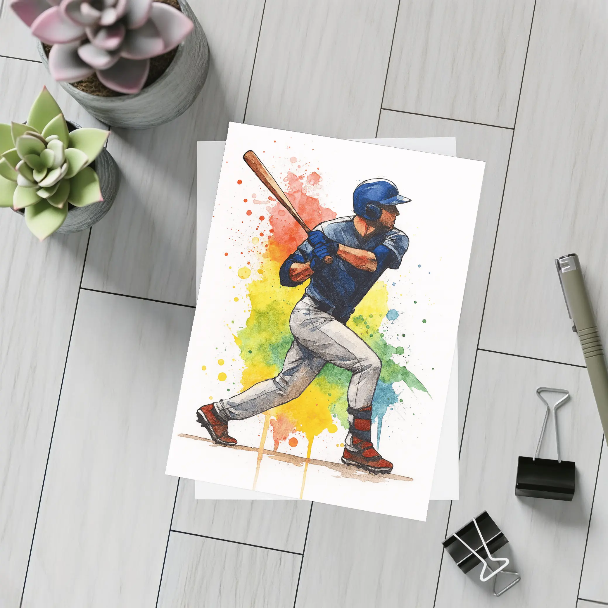Baseball Player Swinging Bat Watercolor Splash – Postcards