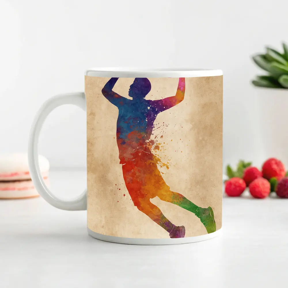 Basketball Player Watercolor Splash Beige Background – Mugs