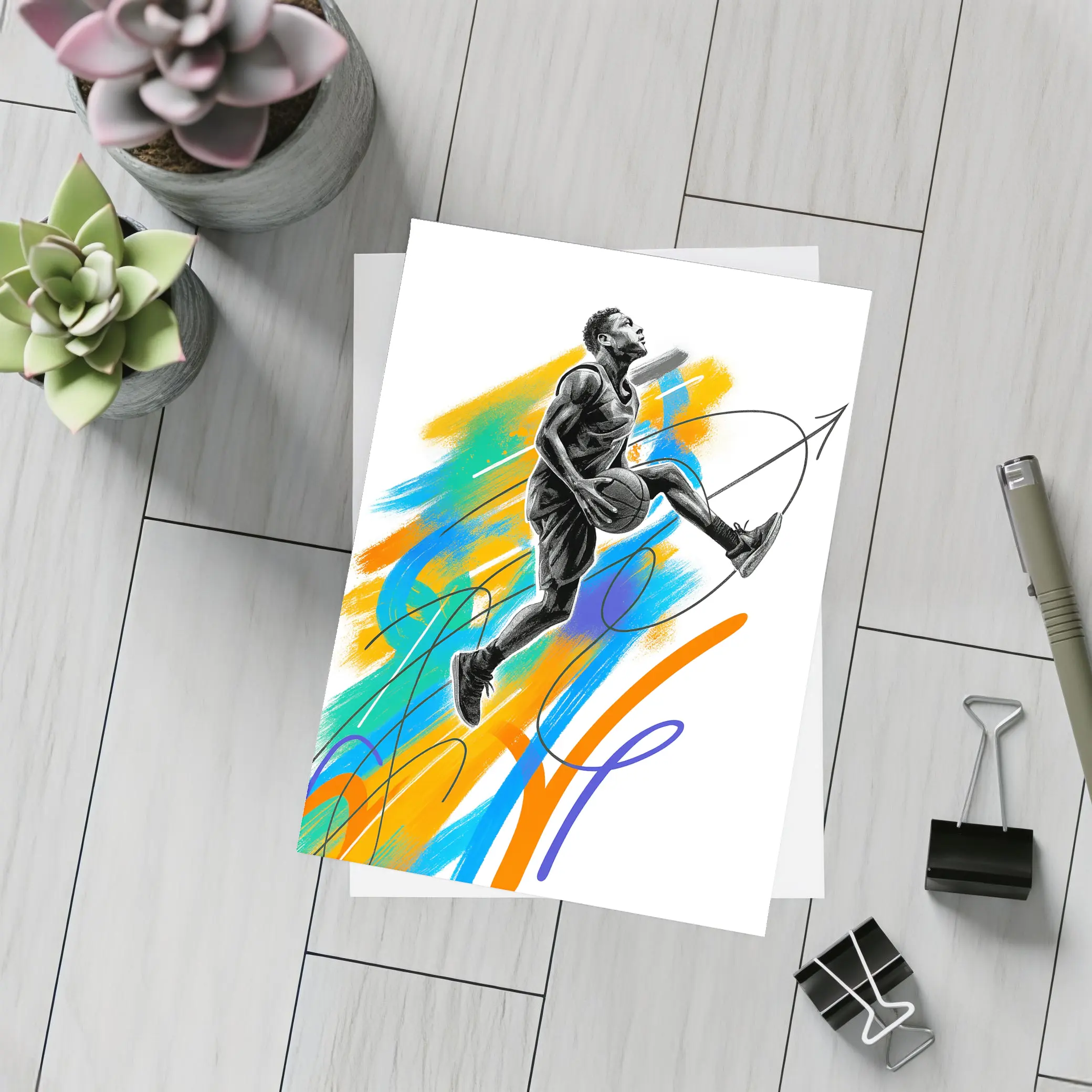 Basketball Player Jumping Colorful Brush Strokes Art – Postcards