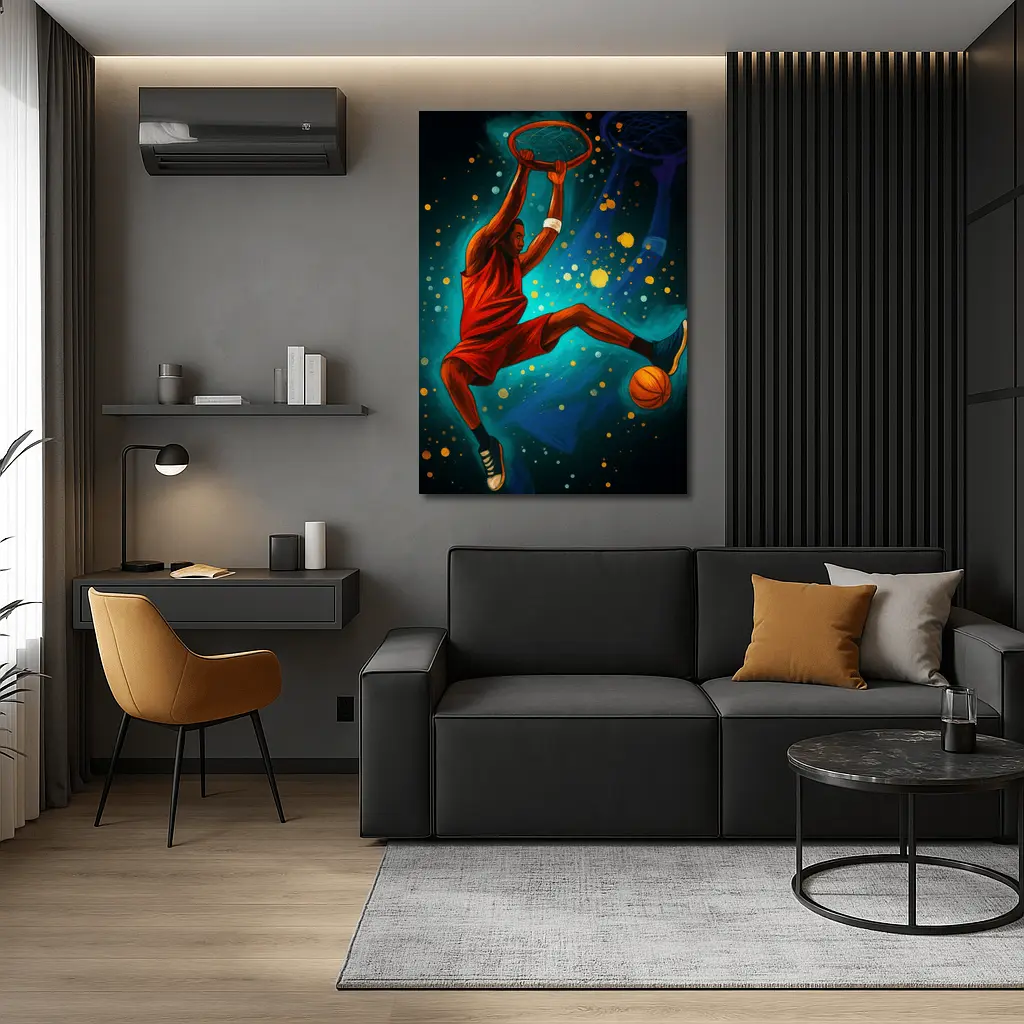 Basketball Player Dunking Teal Cosmic Background – Wall Art
