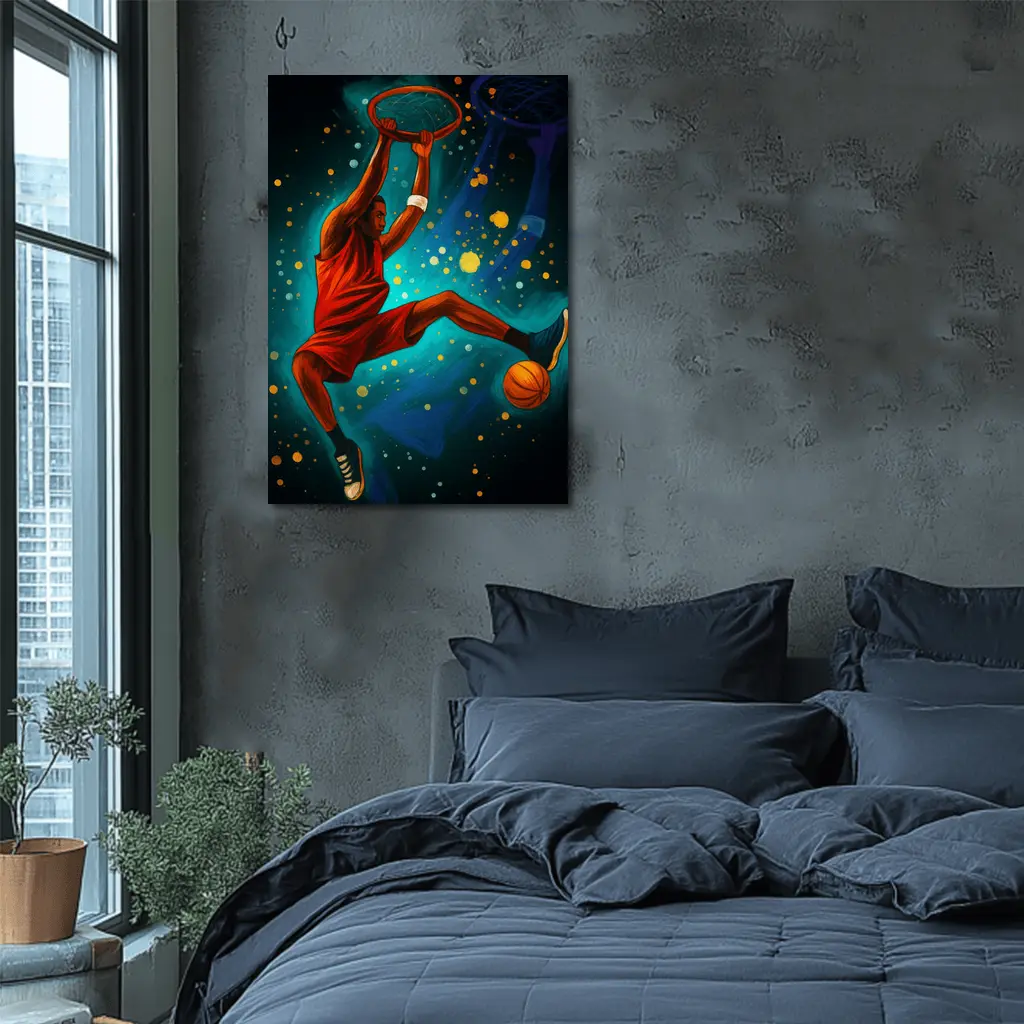 Basketball Player Dunking Teal Cosmic Background – Wall Art