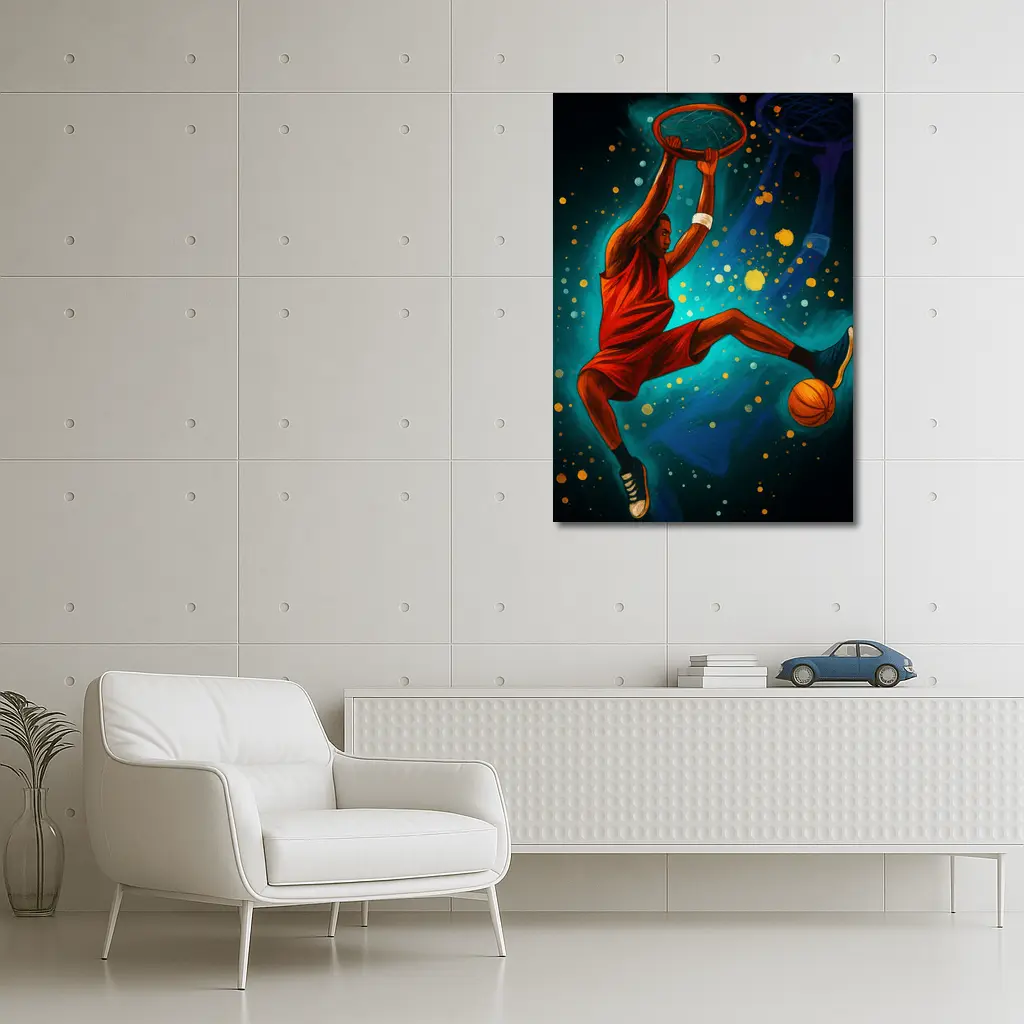 Basketball Player Dunking Teal Cosmic Background – Wall Art