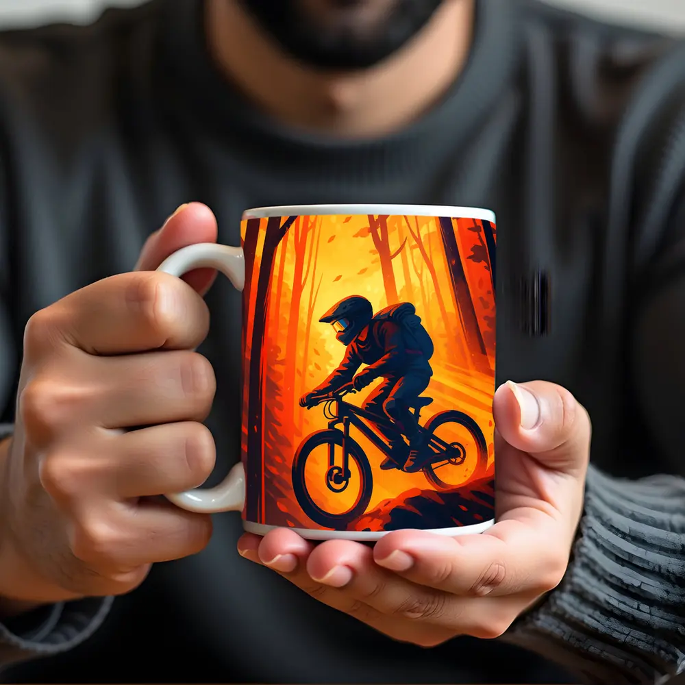 Mountain Biker Riding Through Autumn Forest – Mugs