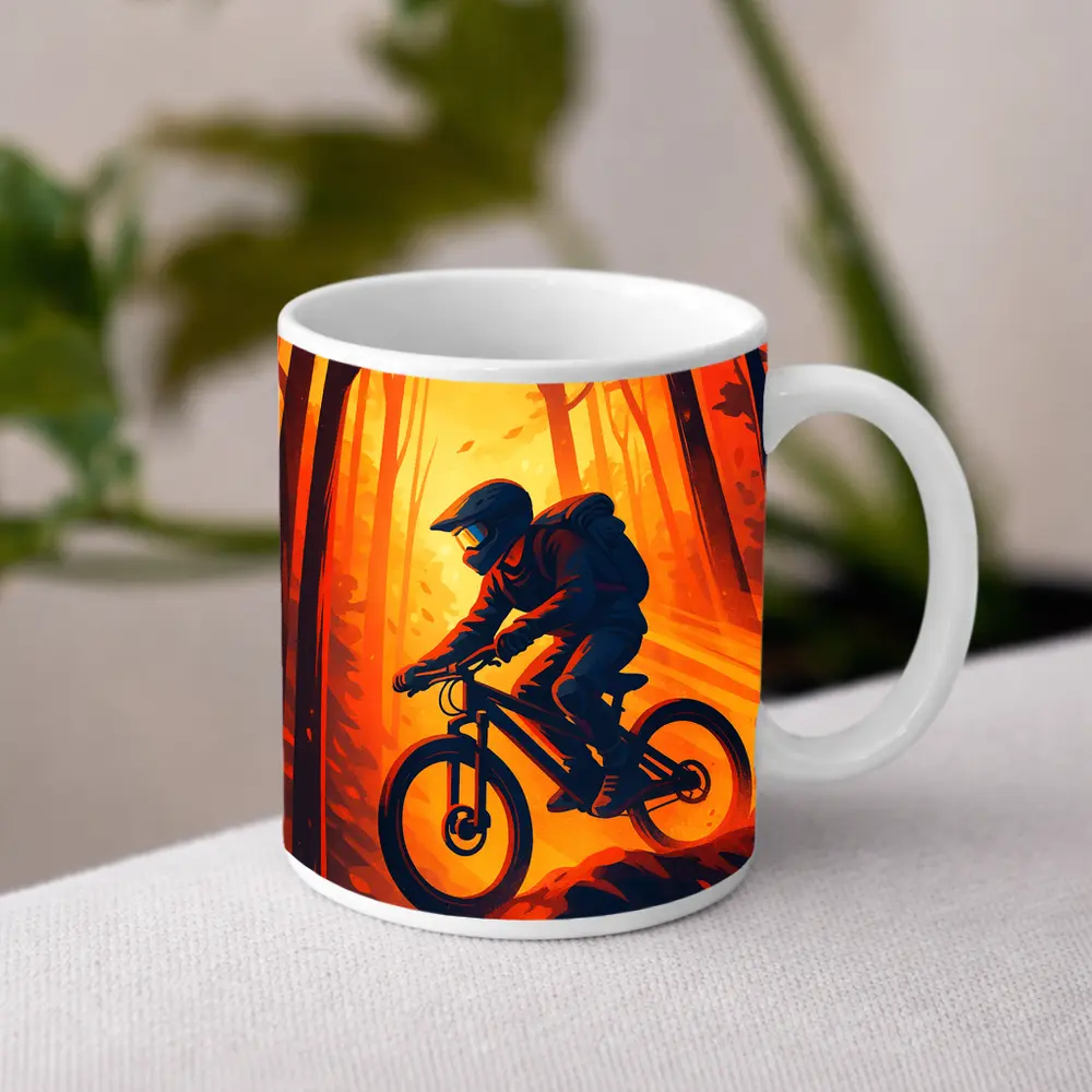 Mountain Biker Riding Through Autumn Forest – Mugs