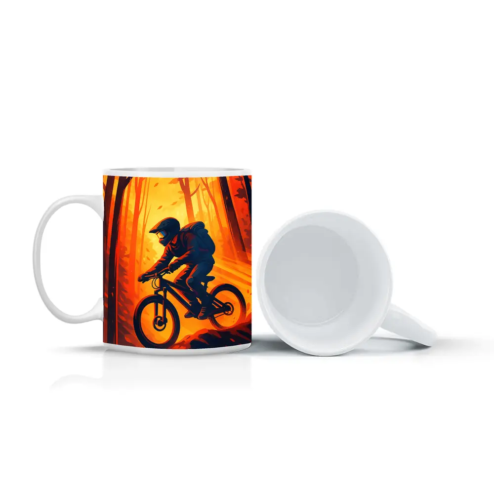 Mountain Biker Riding Through Autumn Forest – Mugs