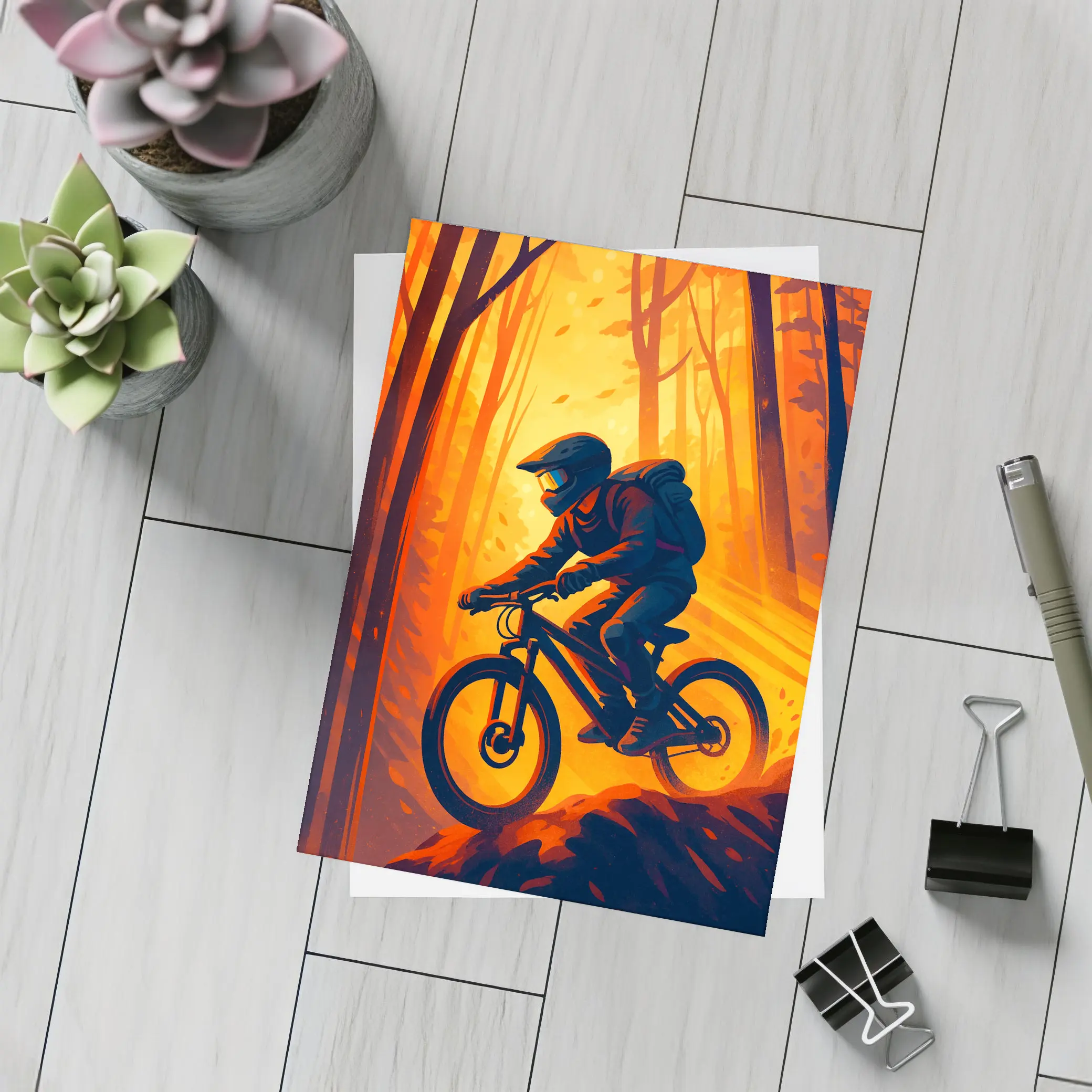 Mountain Biker Riding Through Autumn Forest – Postcards