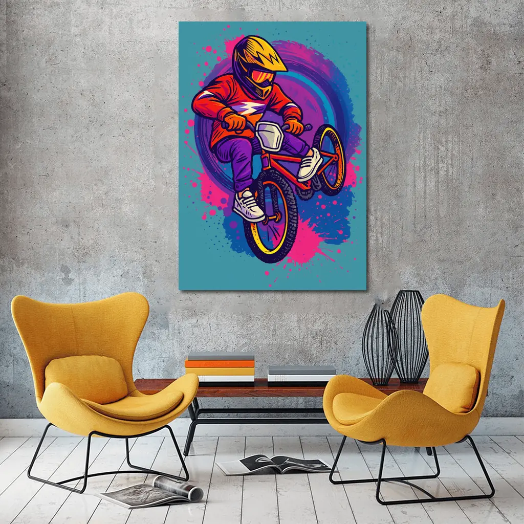 BMX Rider Doing Tricks Colorful Graffiti Background – Wall Art
