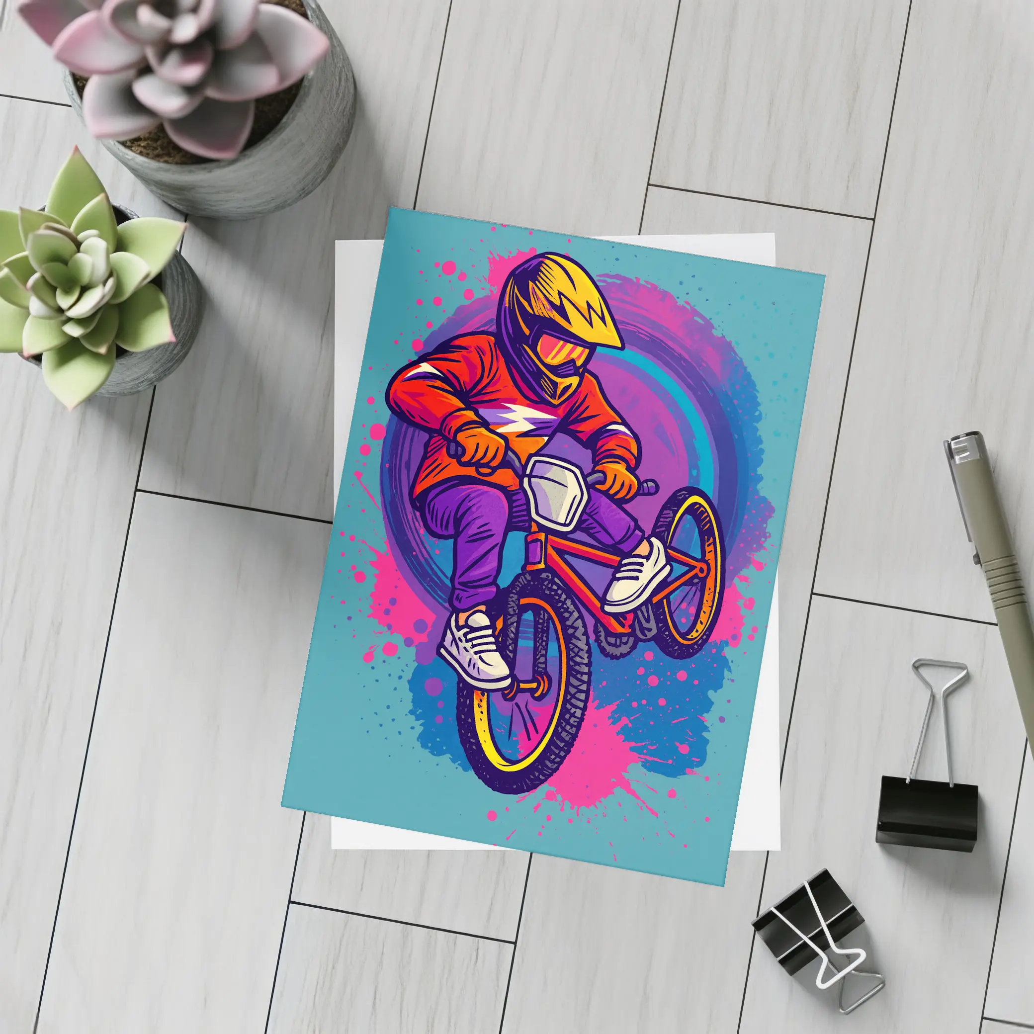 BMX Rider Doing Tricks Colorful Graffiti Background – Postcards