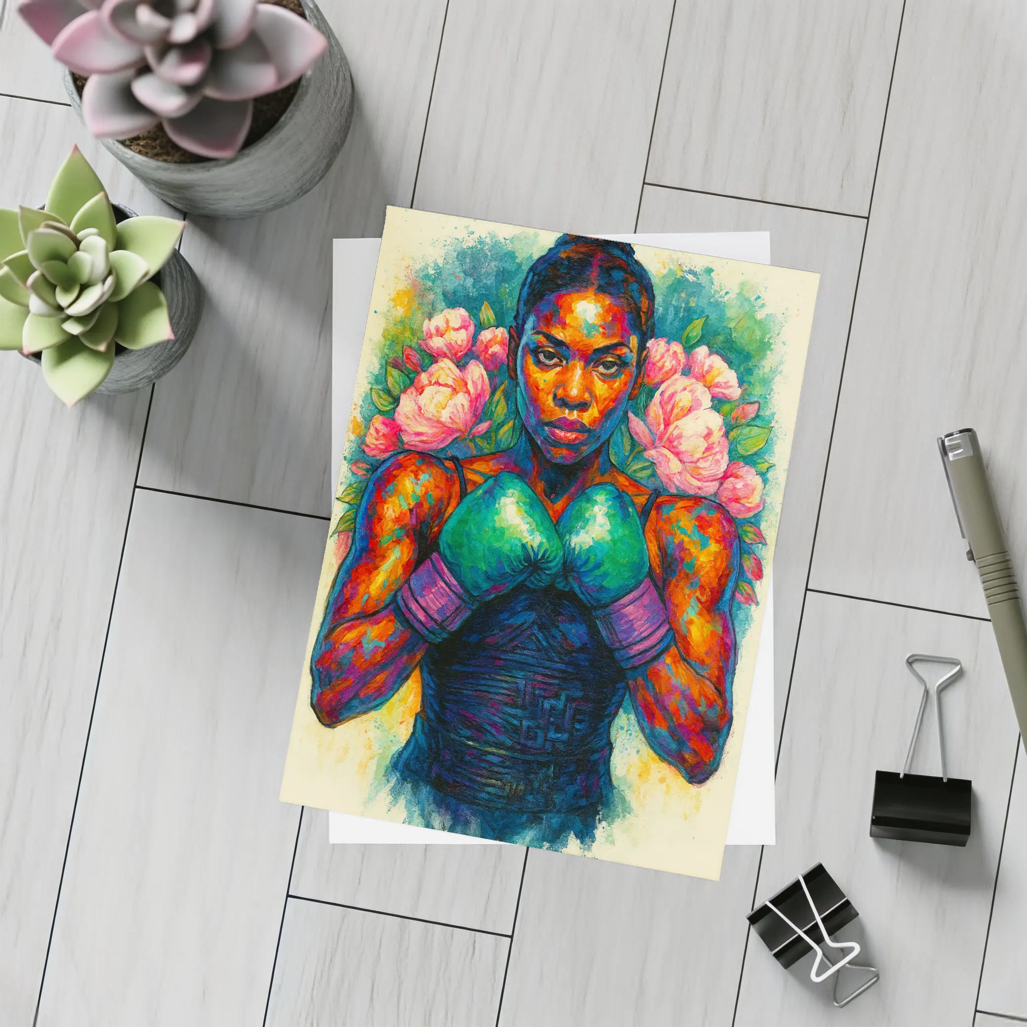 Female Boxer Watercolor Art With Peonies – Postcards