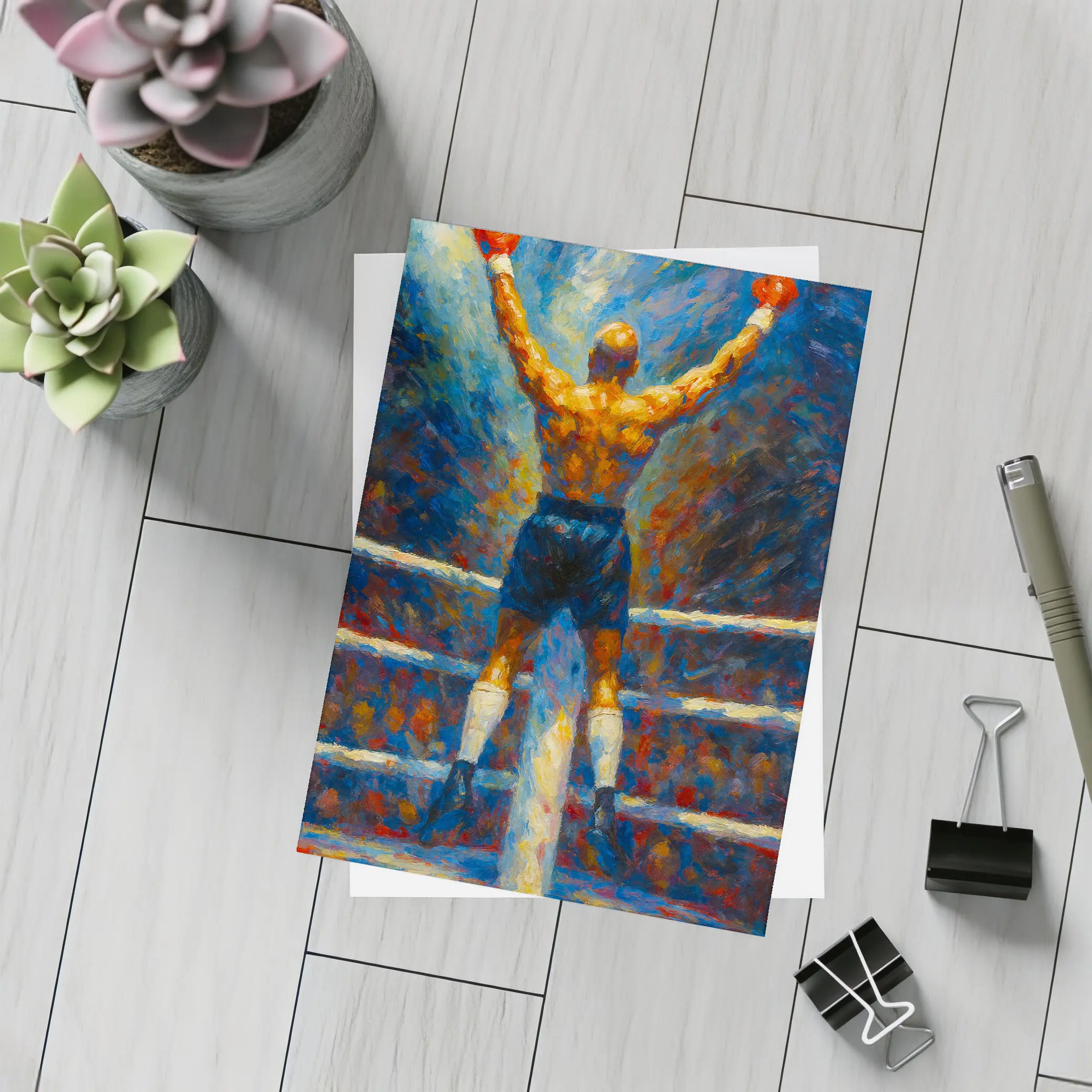 Boxer Victory Pose Oil Painting Boxing Ring – Postcards