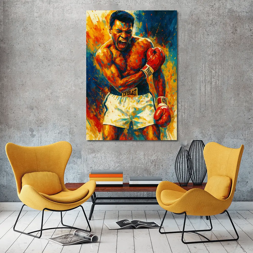 Boxer Roaring Red Gloves Colorful Paint Background – Wall Art