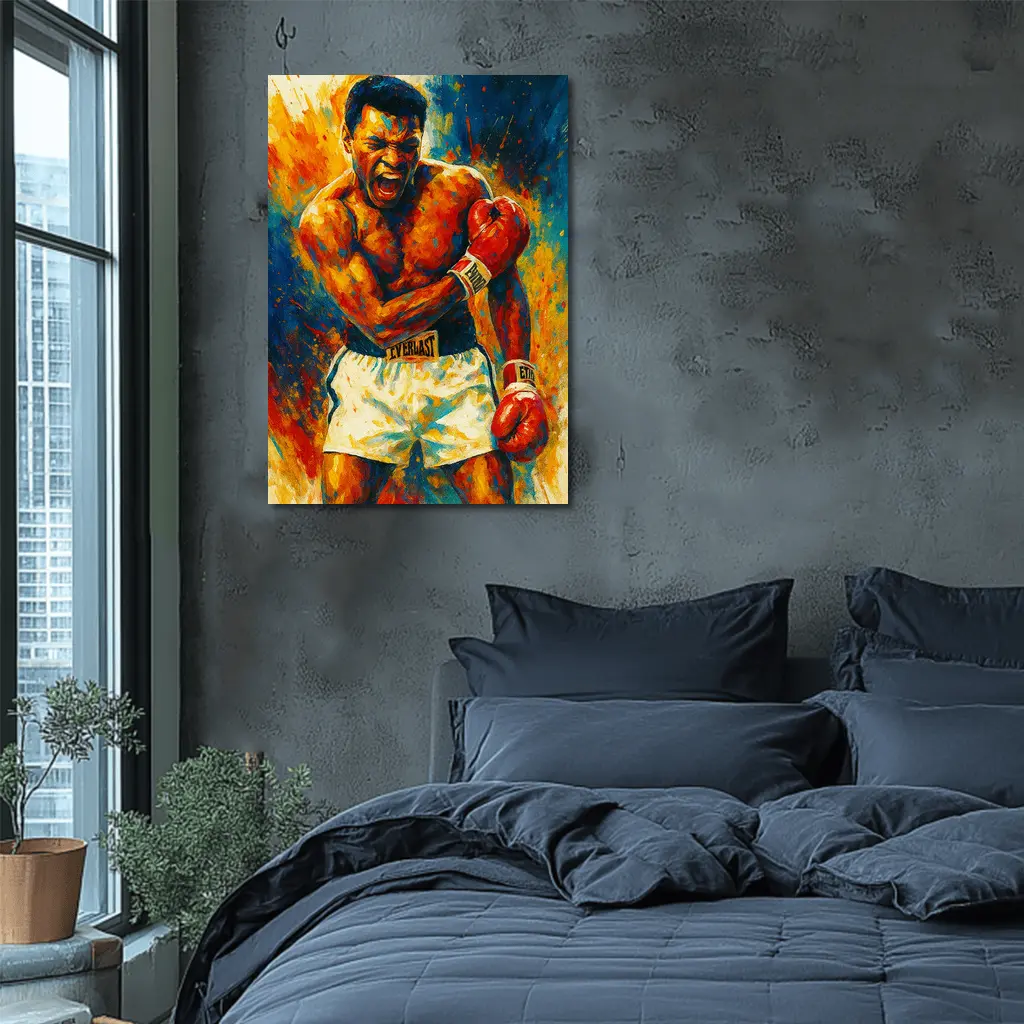 Boxer Roaring Red Gloves Colorful Paint Background – Wall Art