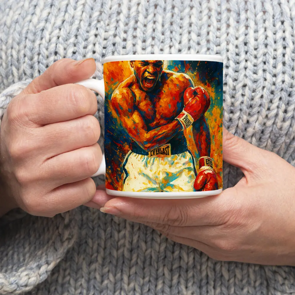 Boxer Roaring Red Gloves Colorful Paint Background – Mugs