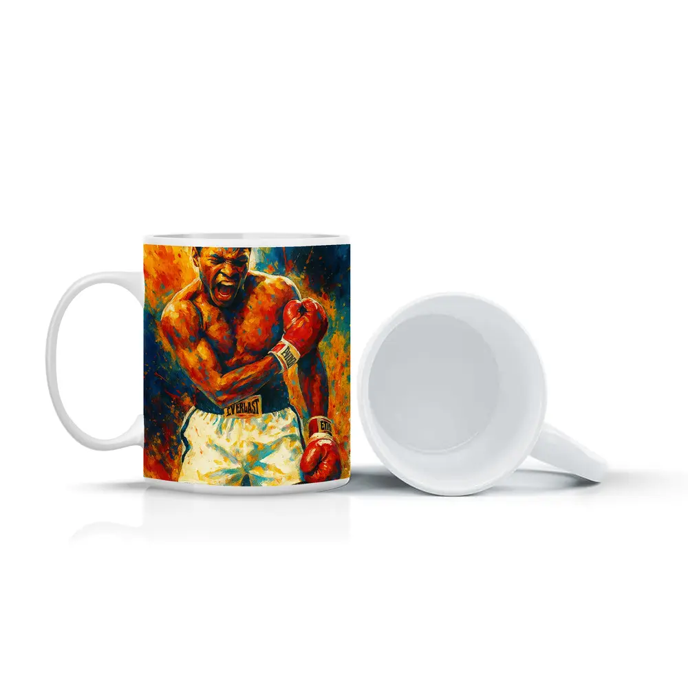 Boxer Roaring Red Gloves Colorful Paint Background – Mugs