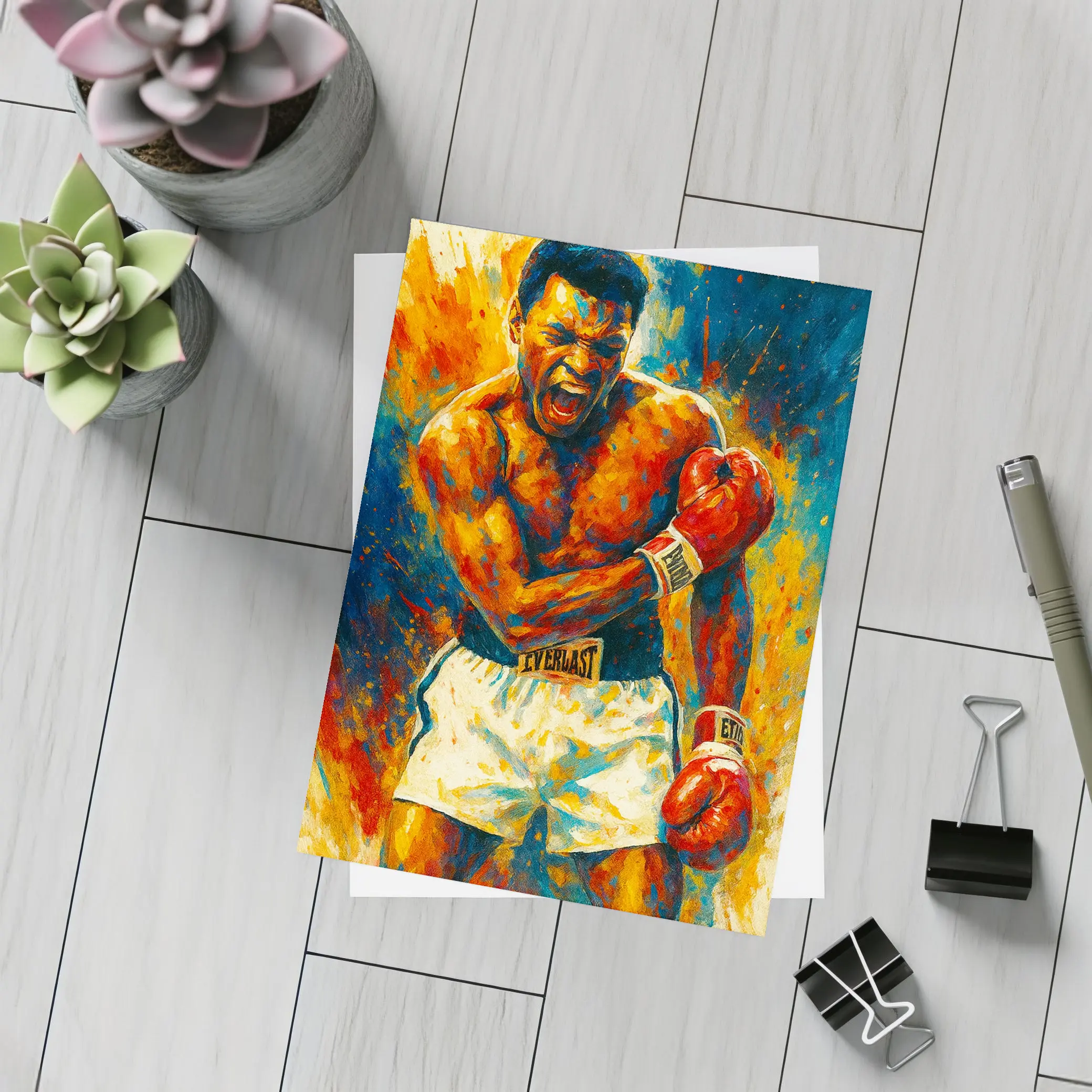 Boxer Roaring Red Gloves Colorful Paint Background – Postcards