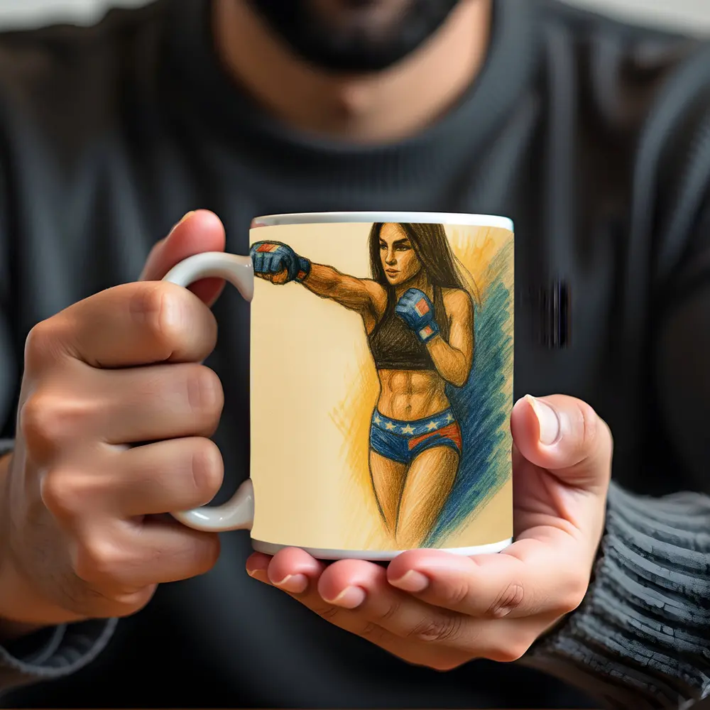 Female MMA Fighter Colored Pencil Drawing Art – Mugs