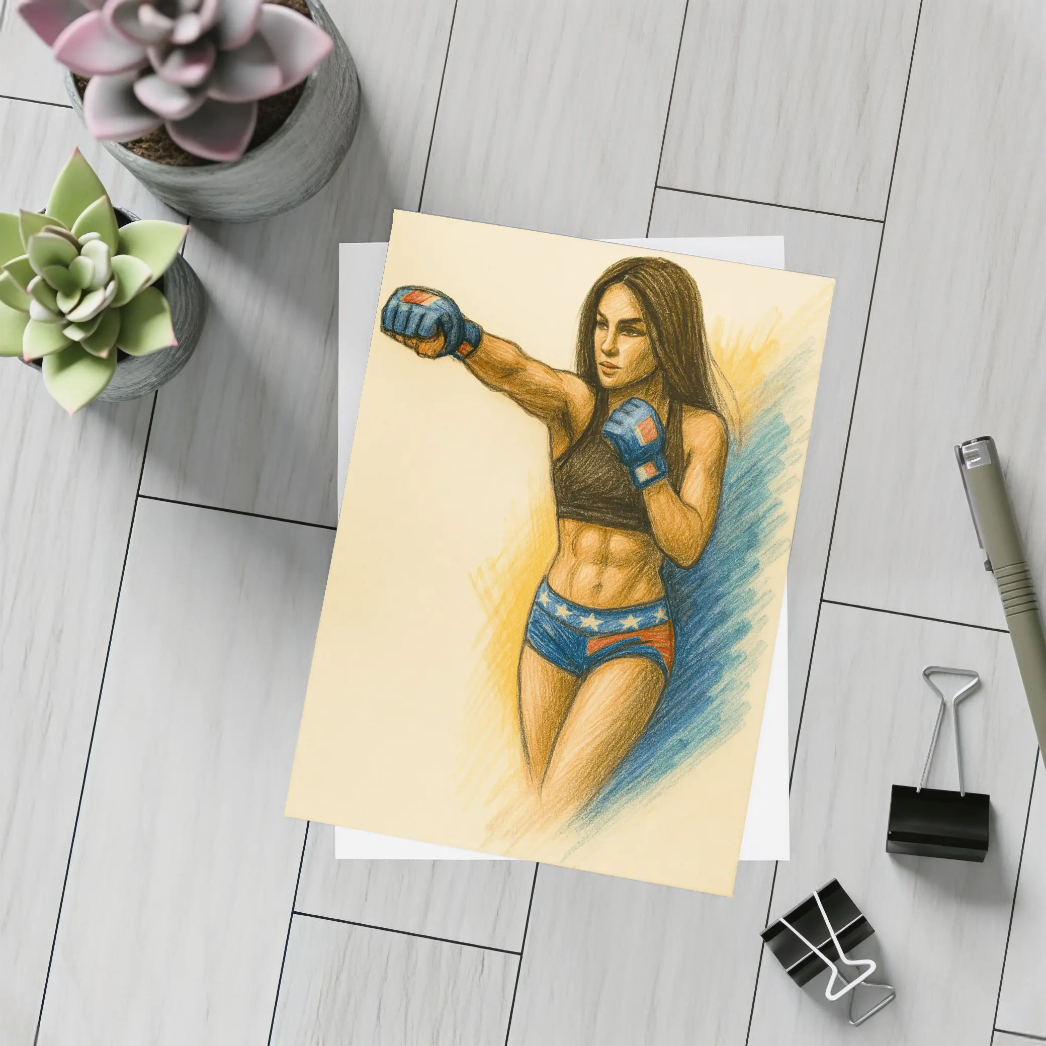 Female MMA Fighter Colored Pencil Drawing Art – Postcards