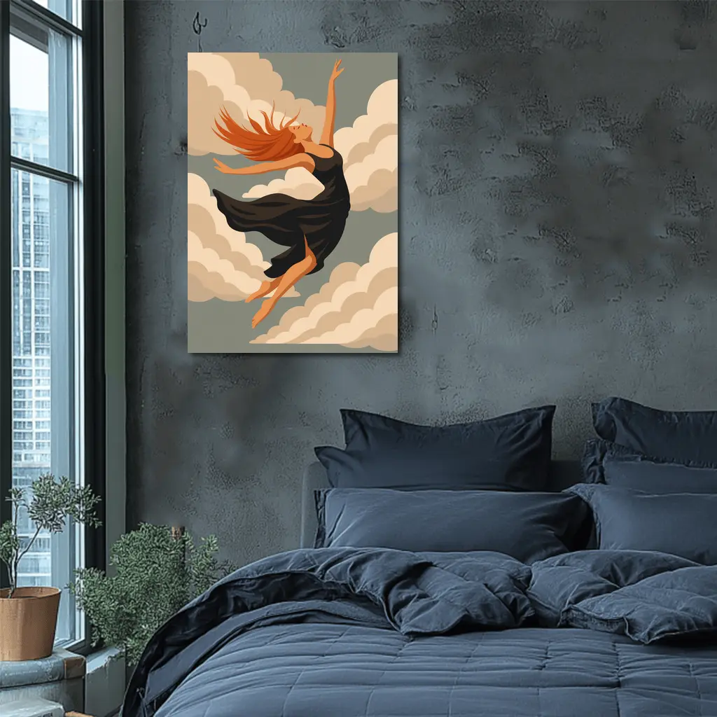 Woman Floating Among Soft Beige Clouds – Wall Art