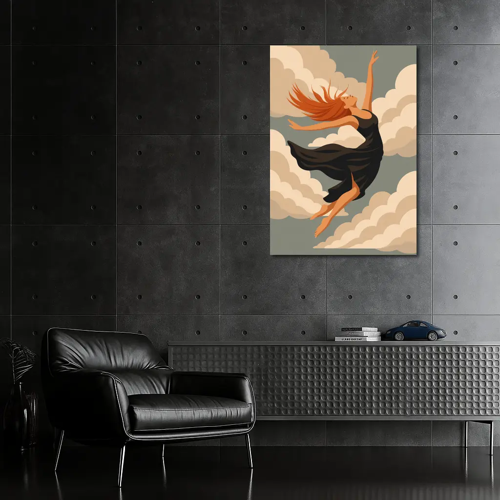 Woman Floating Among Soft Beige Clouds – Wall Art