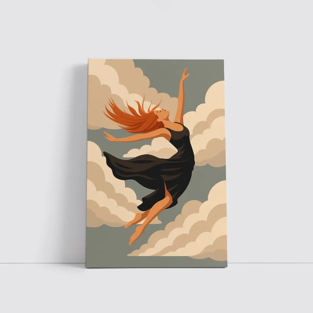 Woman Floating Among Soft Beige Clouds – Wall Art