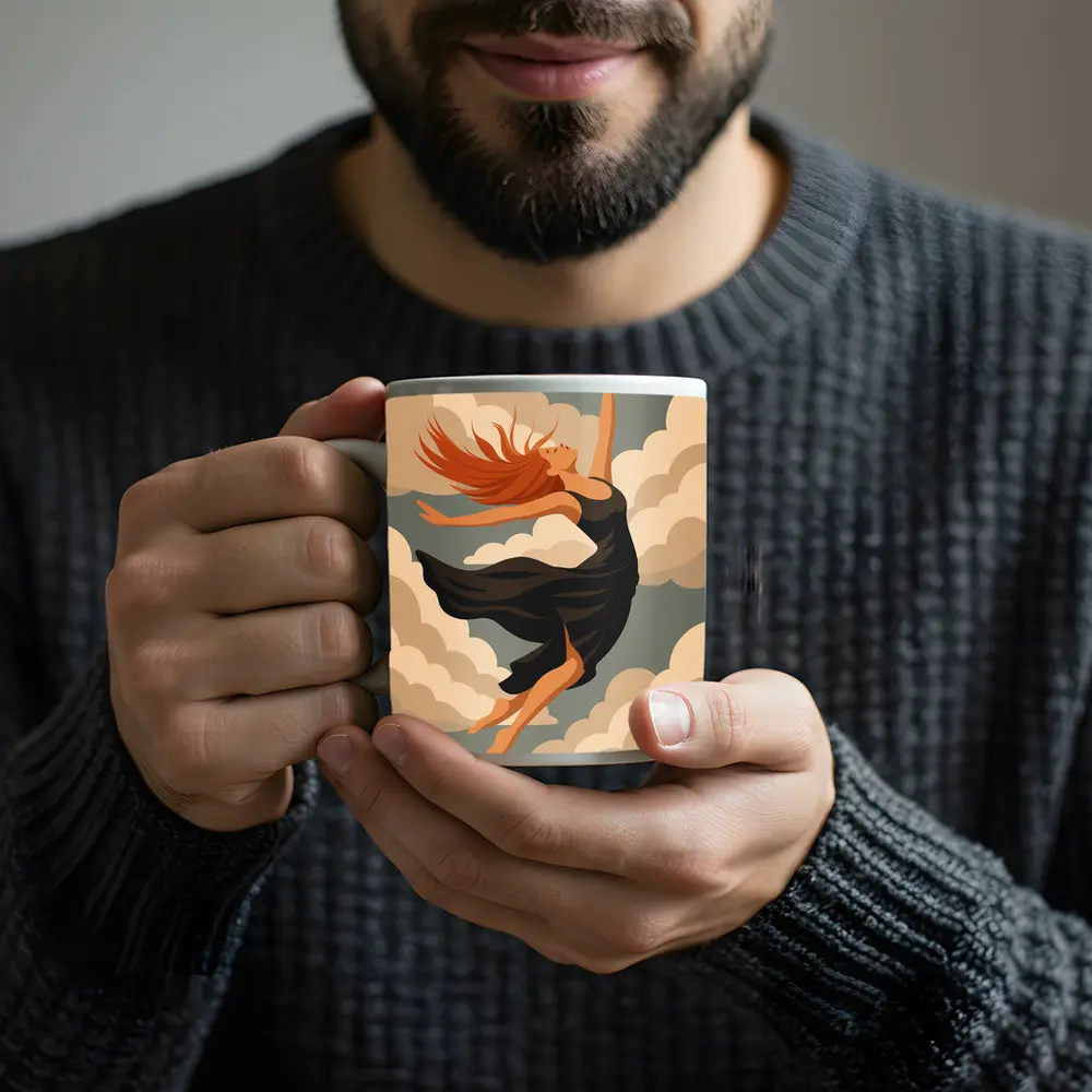 Woman Floating Among Soft Beige Clouds – Mugs