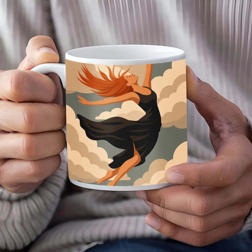 Woman Floating Among Soft Beige Clouds – Mugs