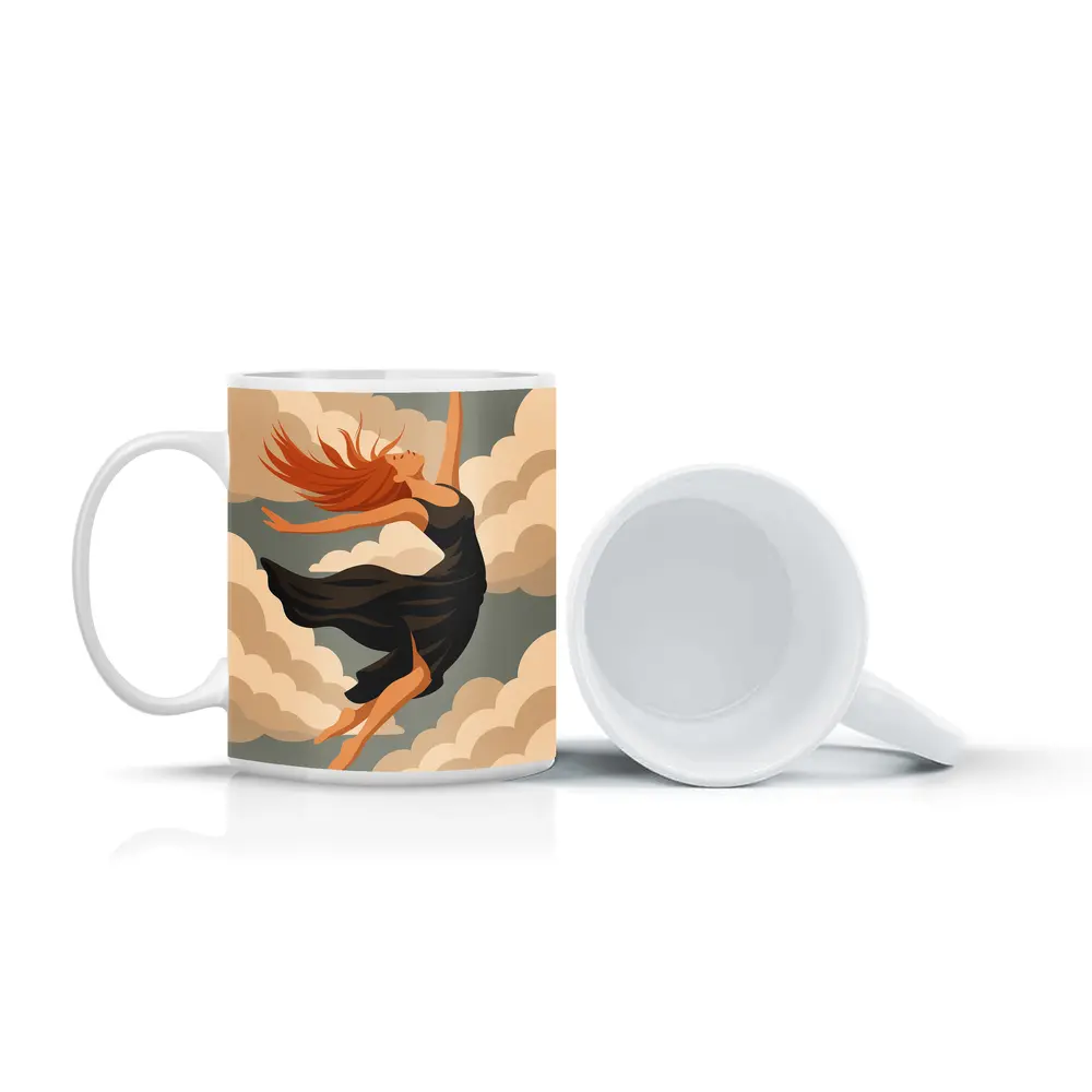 Woman Floating Among Soft Beige Clouds – Mugs