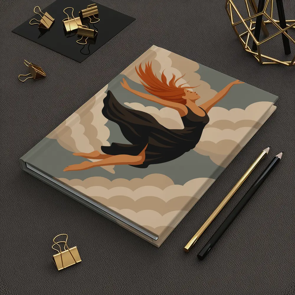 Woman Floating Among Soft Beige Clouds – Notebooks