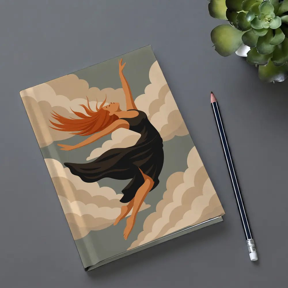 Woman Floating Among Soft Beige Clouds – Notebooks