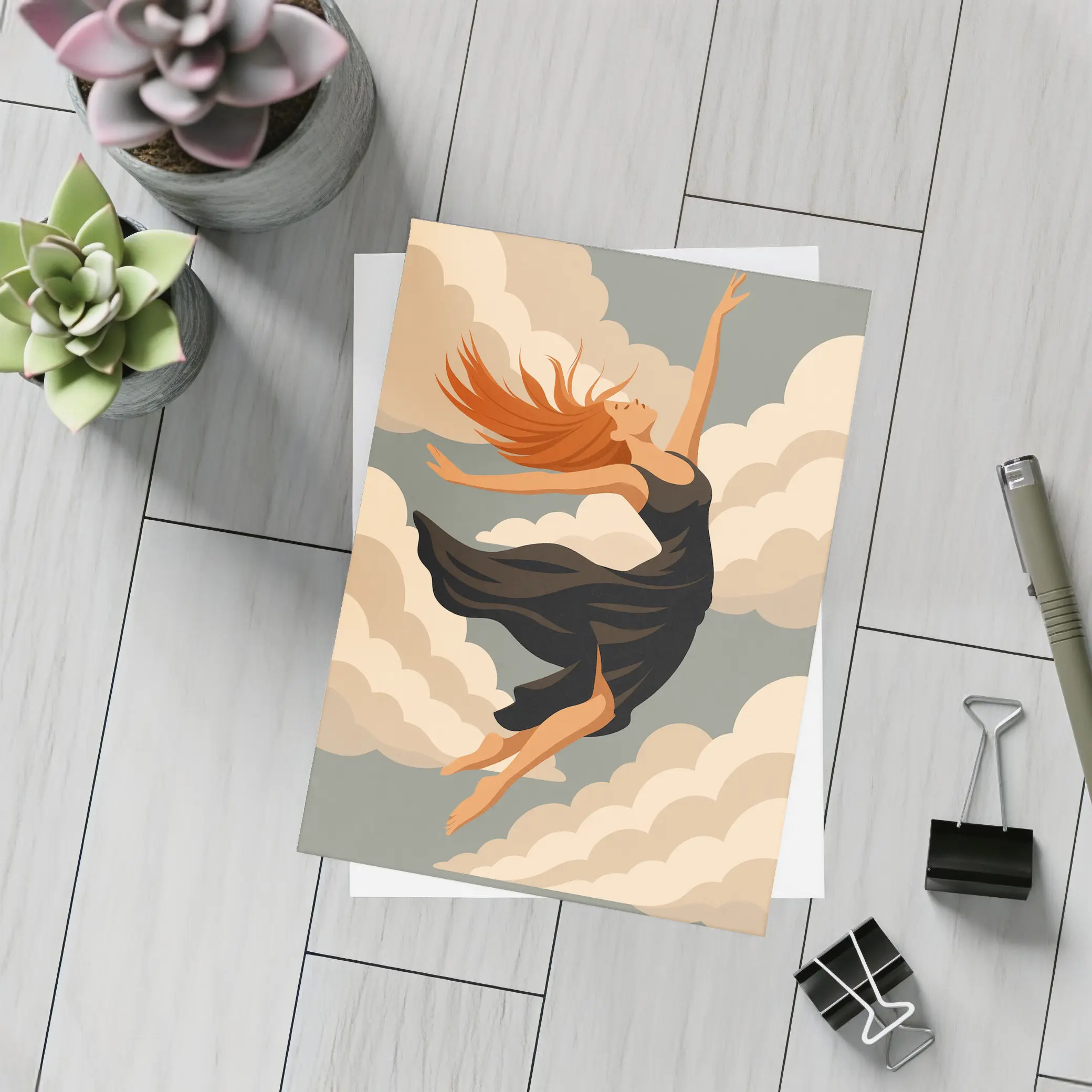 Woman Floating Among Soft Beige Clouds – Postcards