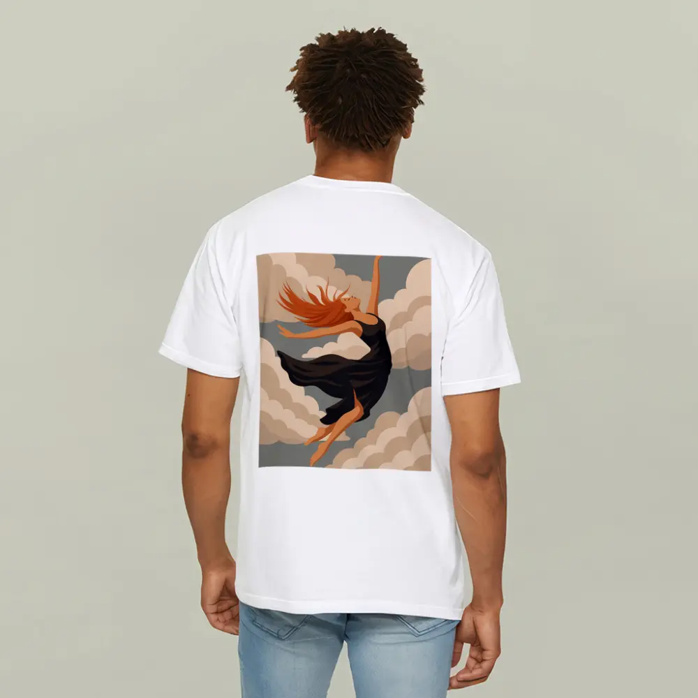 Woman Floating Among Soft Beige Clouds – T-Shirts