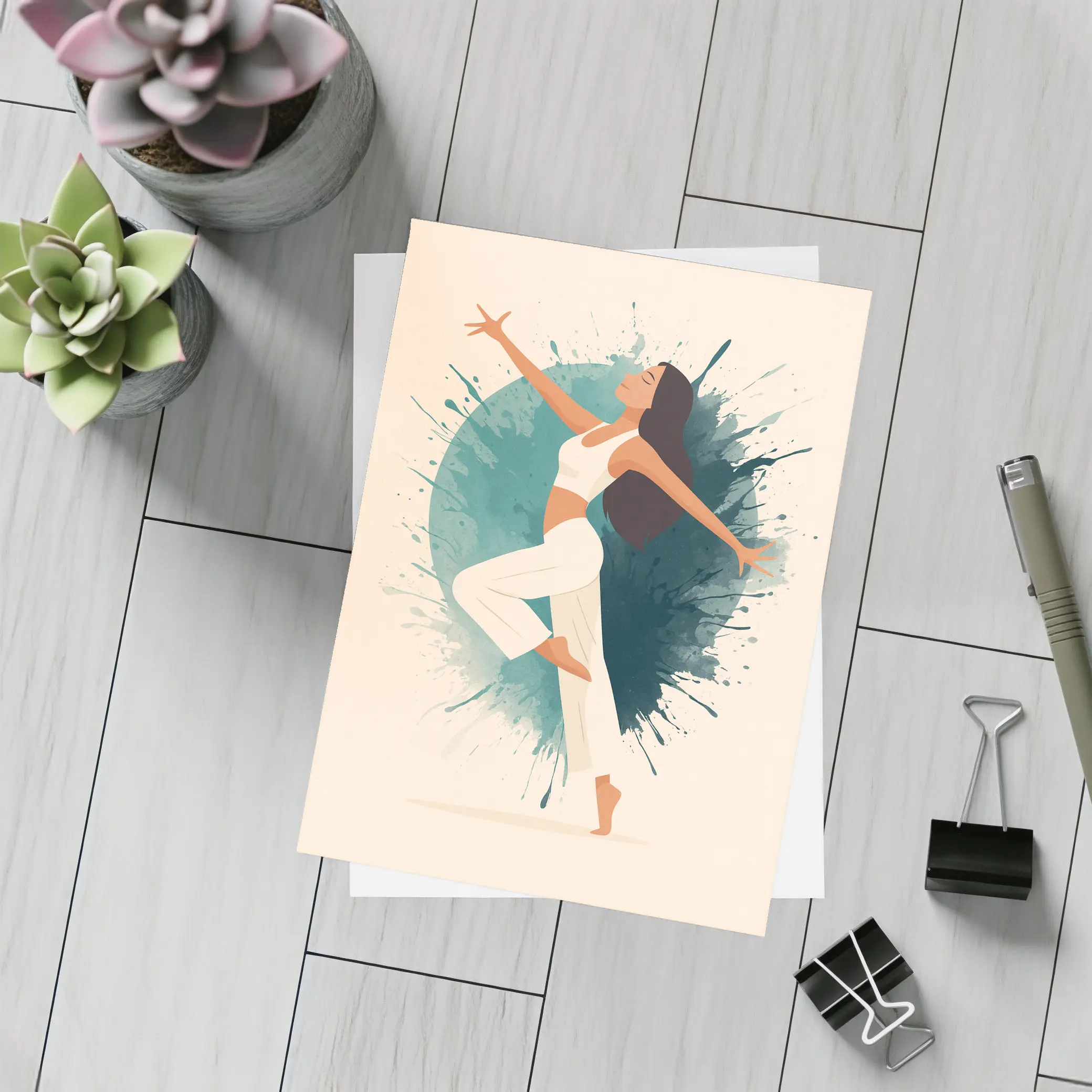 Woman Dancing Watercolor Splash Teal Background – Postcards